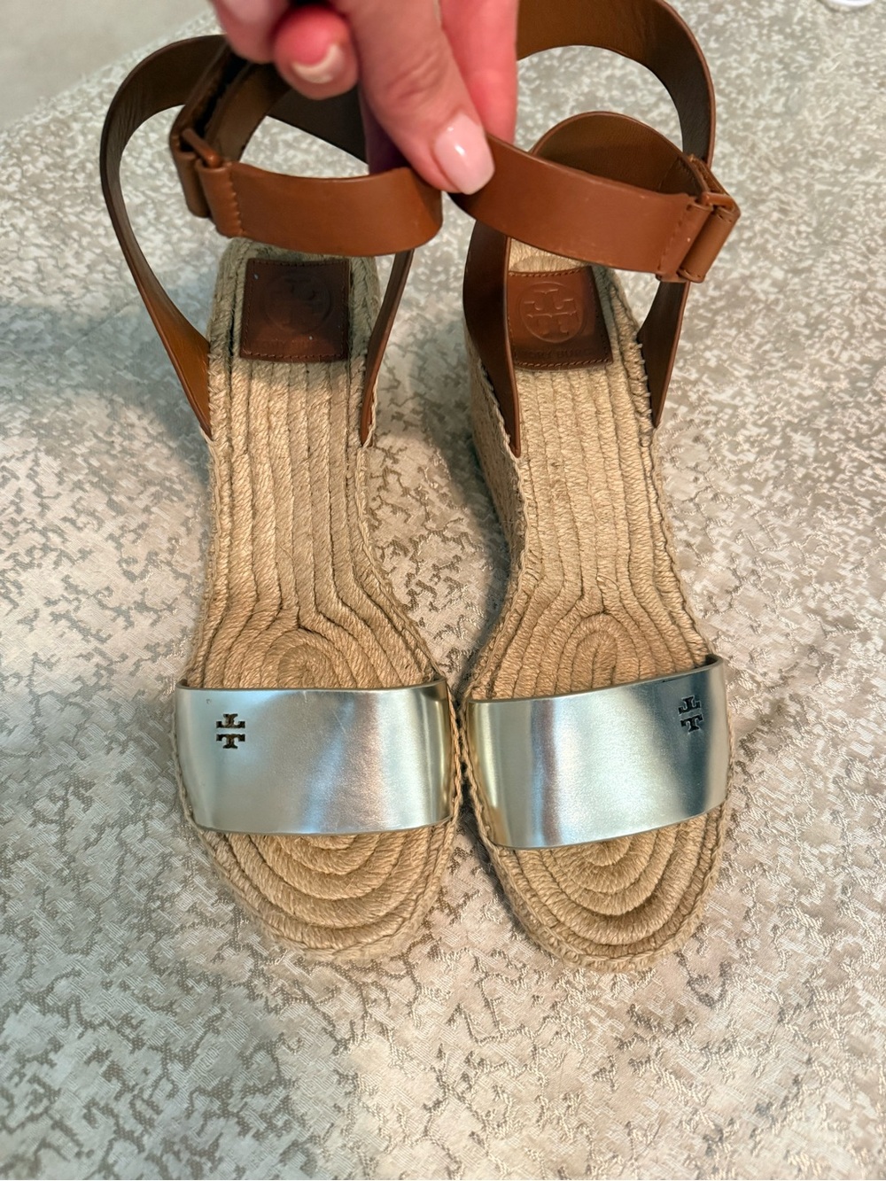 Tory Burch Silver Toe & Brown Ankle Espadrille Wedge Sandals
